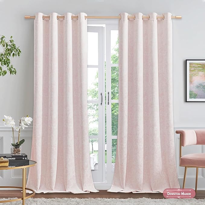 Beauoop Pink Floral Jacquard Blackout Curtains 96 Inches Long 2 Panels - Image 4