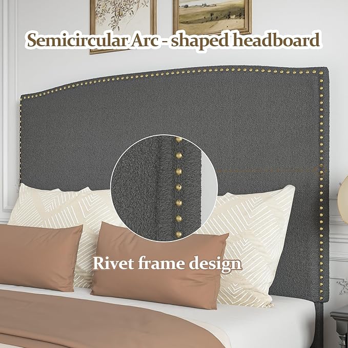 King Size Bed Frame and Headboard, Soft Boucle Fabric, No Box Spring Needed - Image 4