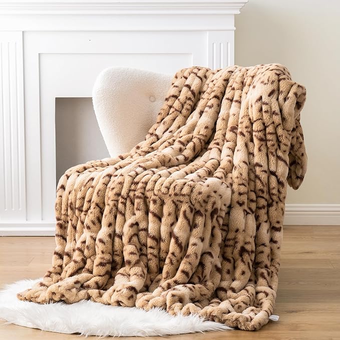 BATTILO HOME Luxury Ruched Faux Fur Throw Blanket Leopard Print, Double Side by BATTILOHOME