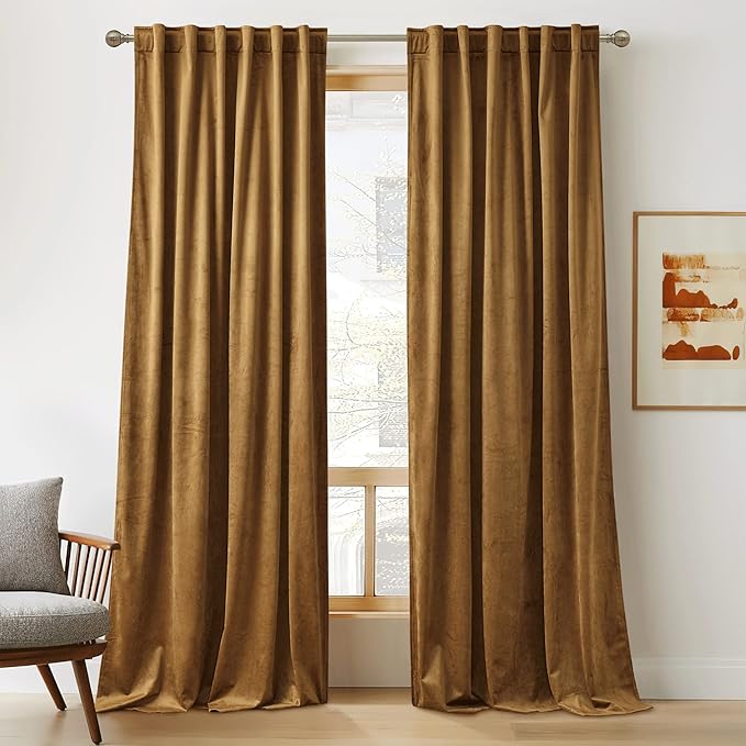 RYB HOME Brown Velvet Curtains 102 inches, Back Tab Soft Fabric Light Blocking by RYBHOME