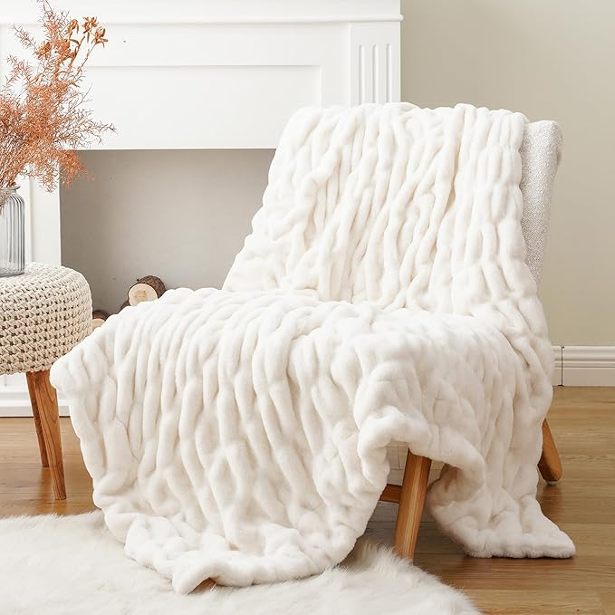 BATTILO HOME Cream Faux Fur Throw Blanket, Double Side Ruched Rabbit Fur Blanket - Image 7