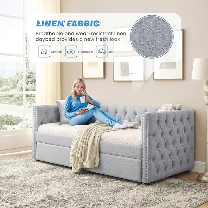 Antetek Daybed with Trundle, Upgraded Linen Upholstered Twin Size Day Bed - Image 7