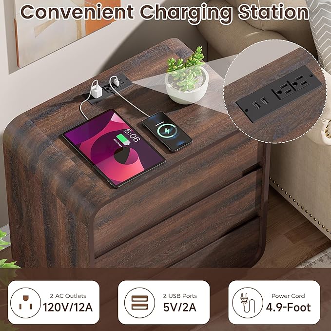 Walnut Nightstand with Charging Station, Modern Curved End Table with 3 Drawers - Image 4