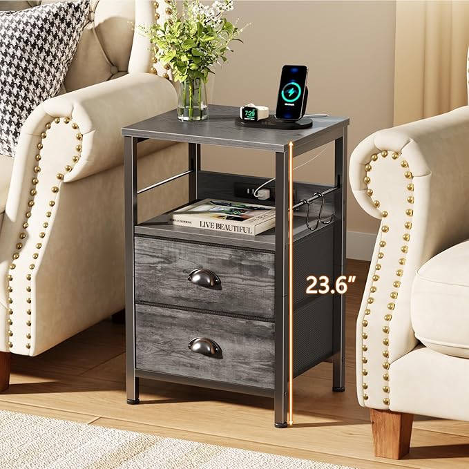 Furologee Nightstand with Charging Station, Night Stand with 2 Fabric Drawers - Image 4