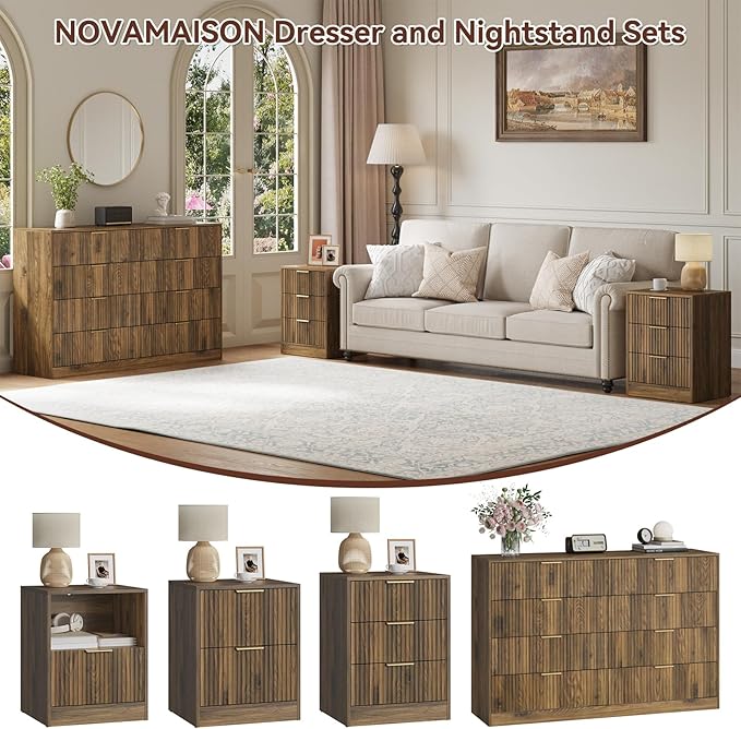 8 Drawer Dresser & 3 Drawer Nightstand Set 3-Piece, Tall Fluted Dresser and - Image 3