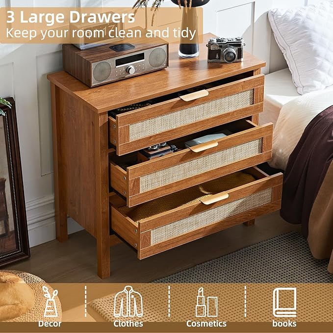 LEYAOYAO 31.5" Wide Rattan Nightstand, Large Boho 3 Drawer Night Stand - Image 5