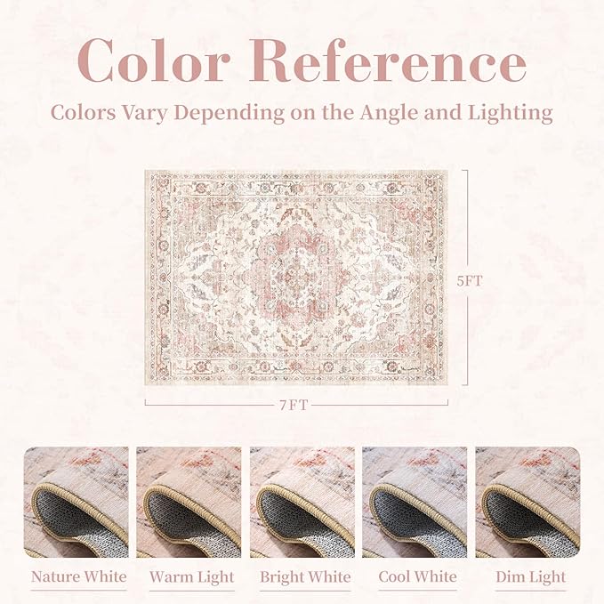 PADOOR 5X7 Area Rug, Rugs for Living Room, Soft Pink Rugs for Bedroom, Machine - Image 2