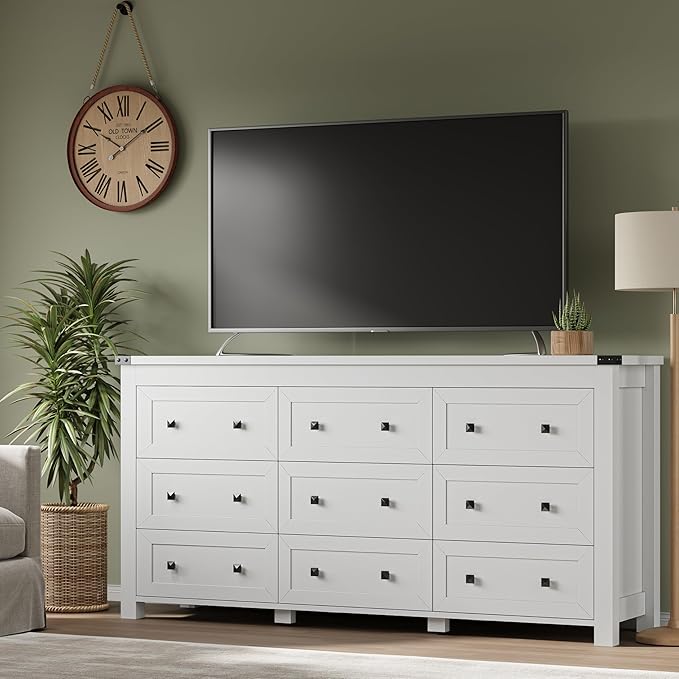 BORNOON 9-Drawer Dresser, Modern Wooden Storage Chest of Drawers, Dresser TV - Image 5