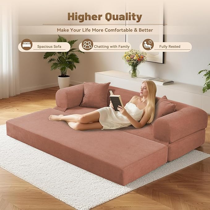 80" Convertible Sofa Bed, Corduroy Folding Sleeper Sofa Bed Queen - Image 4