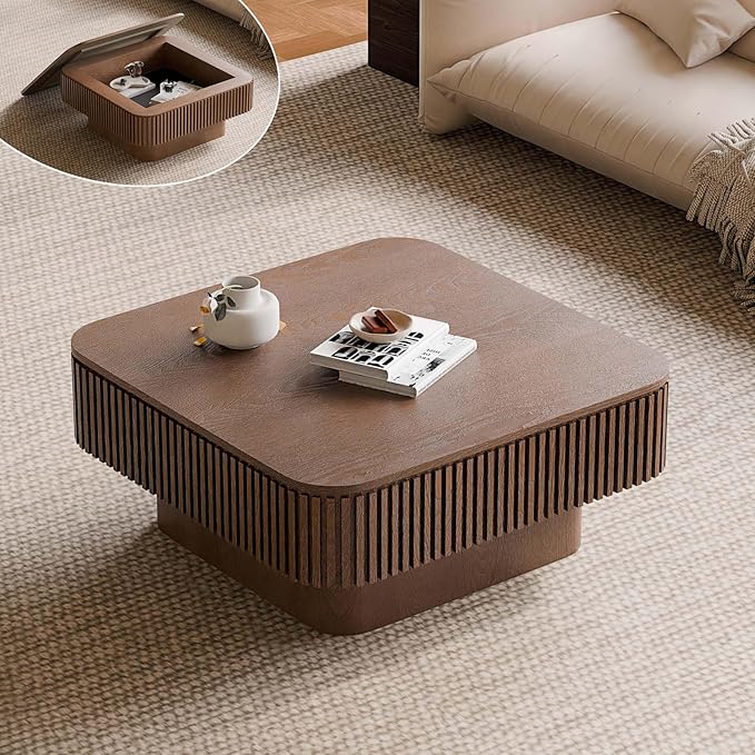 Square Small Coffee Table with Storage, Modern Wooden Coffee Table with Solid by FGXJY