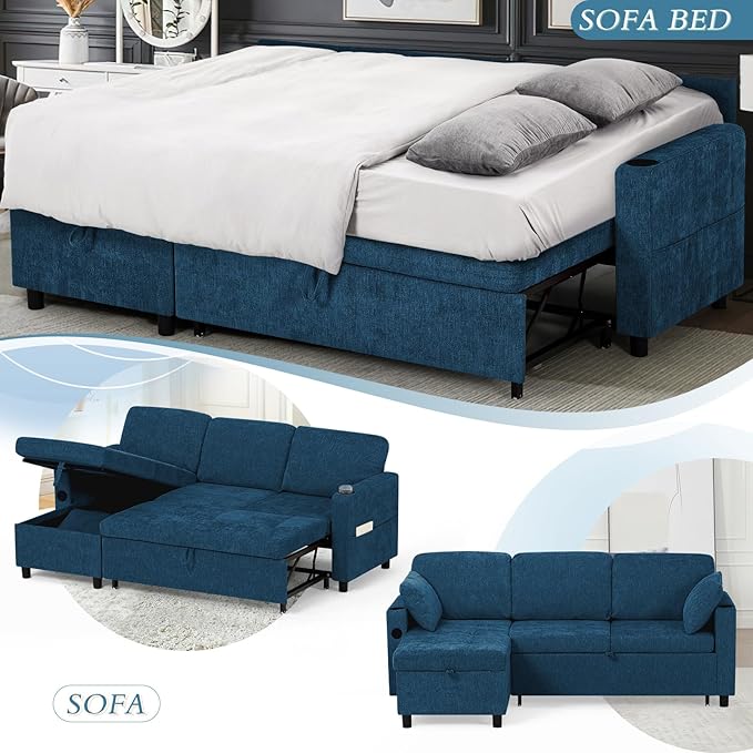 84" Chenille Pull Out Sofa Bed w/Adjustable Backrest, L-Shape Modern Sleeper - Image 7