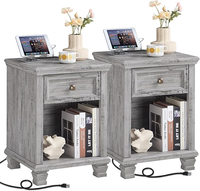 SAVOR LIFE Farmhouse End Tables Living Room Set of 2, Rustic Wood Nightstand by SAVORLIFEFurniture