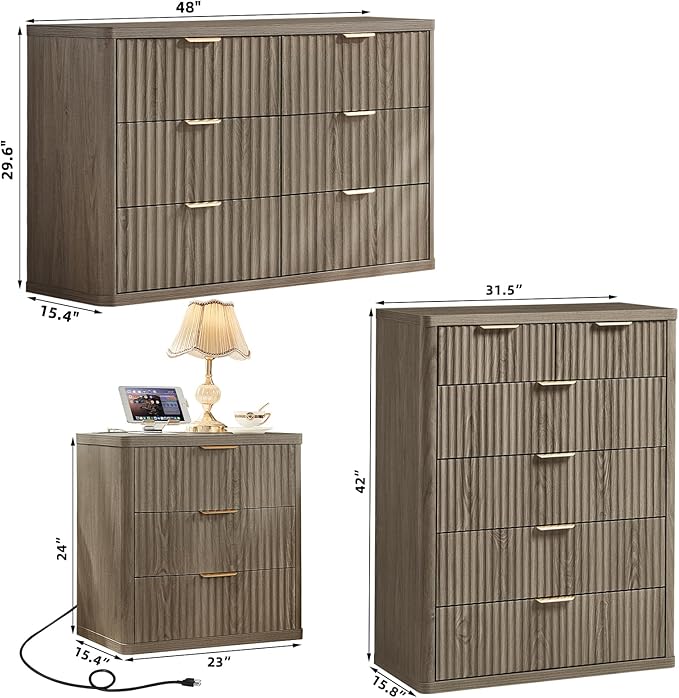 LEYAOYAO Fluted Dressers & Nightstand Set of 3, Wood 48" Wide Dresser & 42" - Image 3