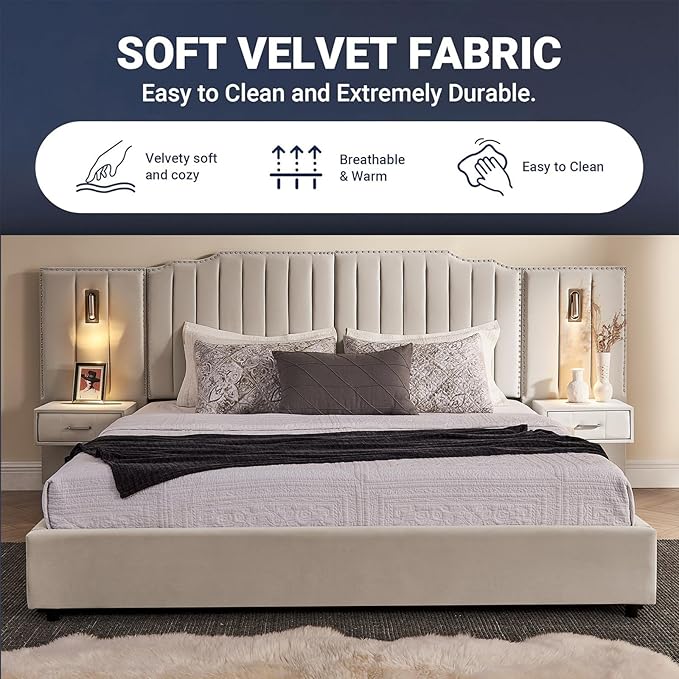 King Size Bed Frame with Storage, Luxury King Platform Bed Frame with Headboard - Image 5