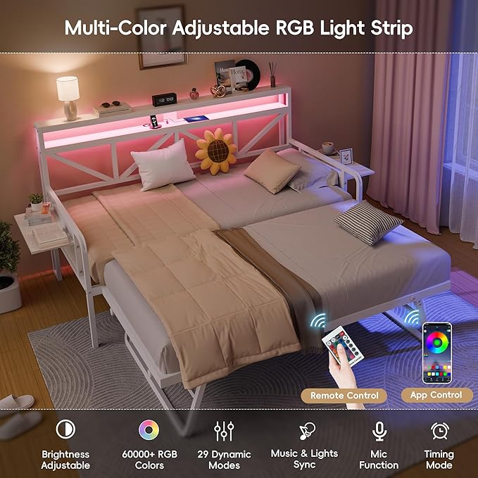 Daybed with Trundle, Heavy Duty Metal Twin Bed Frame with LED Lights & 2-Tier - Image 8