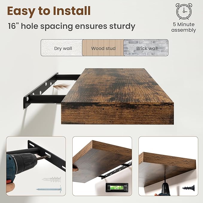 48 Inch Floating Shelves for Wall, 8 Inch Deep Floating Shelf for Storage & - Image 6