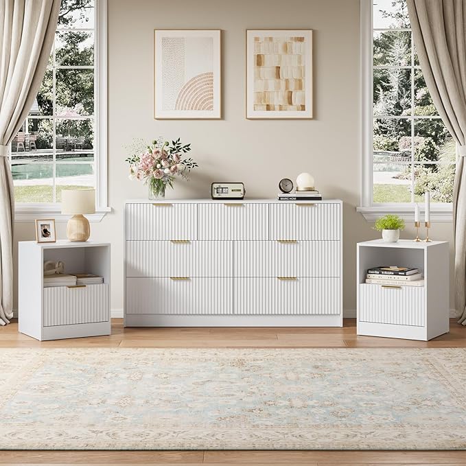 White Dresser & Nightstand Set 3-Piece, Bedroom Dresser by NOVAMAISON