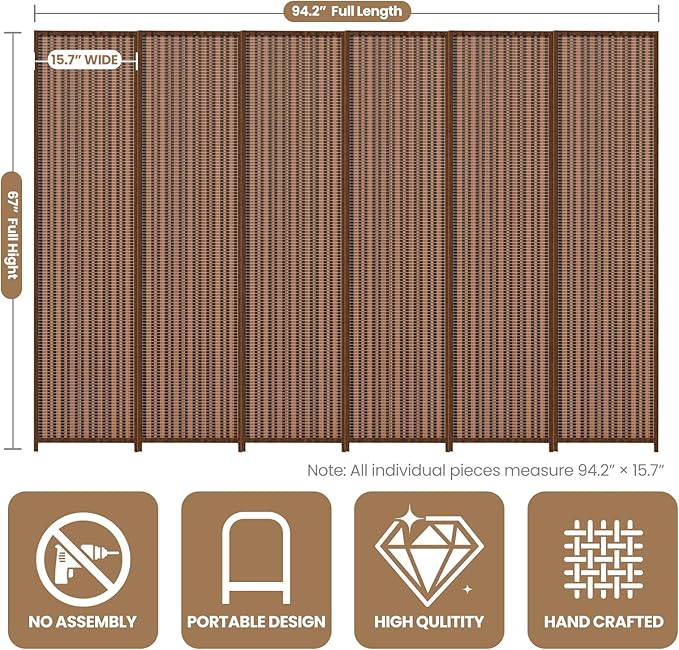 6 Panel Room Divider and Extra Wide Folding Privacy Screen, 94.5" W x 67" H - Image 2
