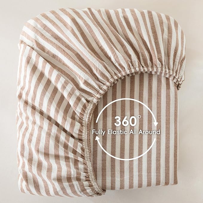 MooMee Striped Fitted Bottom Sheet Only 100% Washed Cotton Linen Like Textured - Image 3
