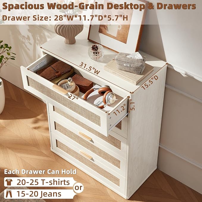 LEYAOYAO Rattan Dresser for Bedroom 41" Tall Chest of Drawers, Modern 5 Drawers - Image 6