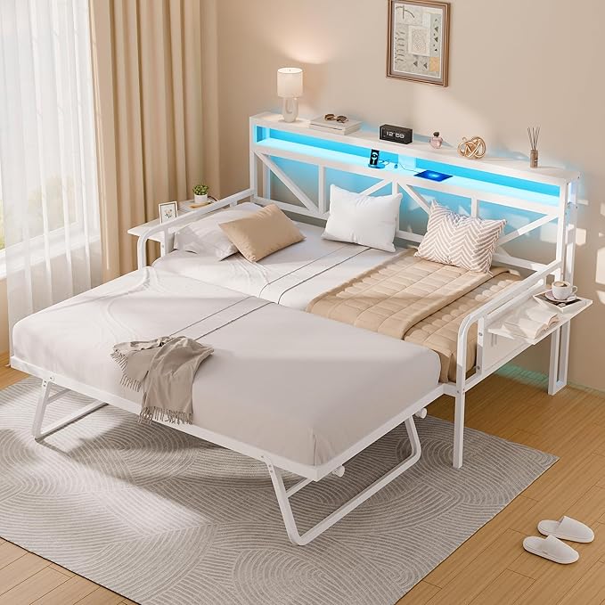 Daybed with Trundle, Heavy Duty Metal Twin Bed Frame with LED Lights & 2-Tier - Image 2