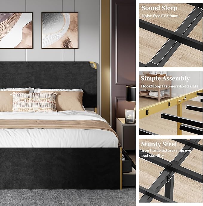 King Size Bed Frame with 12 Storage Drawers and Headboard, Metal Platform - Image 6