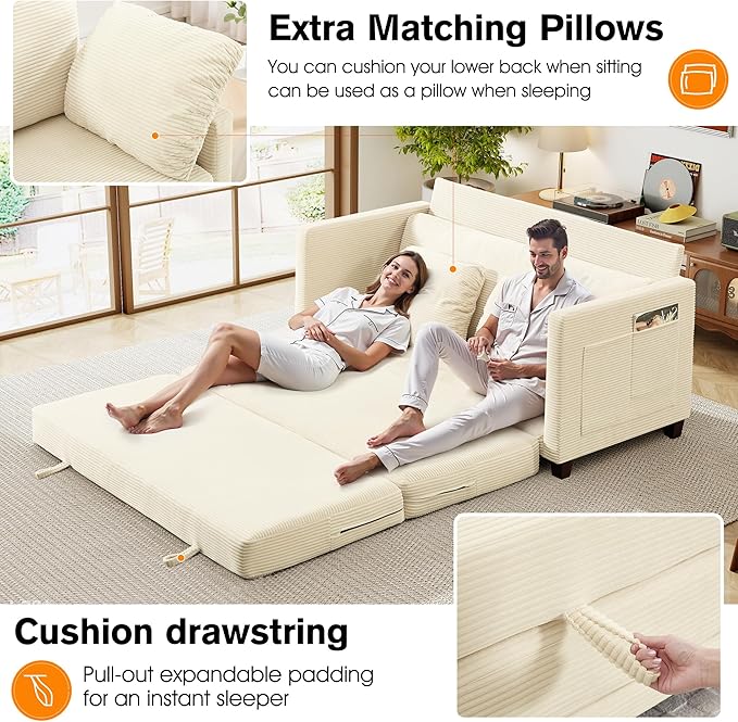 65" Loveseat Sleeper Sofa Bed, Corduroy Convertible Sofa Bed - Image 3