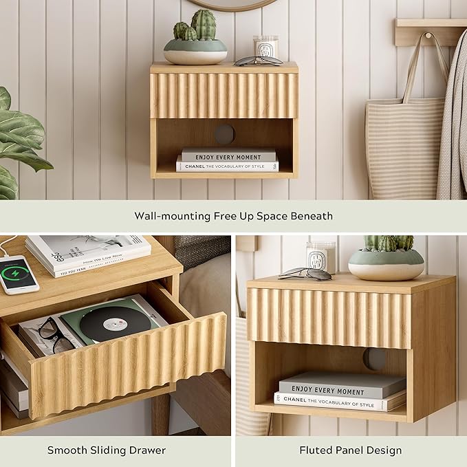 Floating Nightstand with Drawer, Modern Small Night Stand with Fluted Door and - Image 3