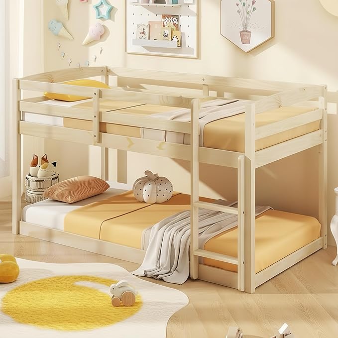 KOMFOTT Low Bunk Bed Twin Over Twin, Solid Wood Twin Bed Frame by KOMFOTT
