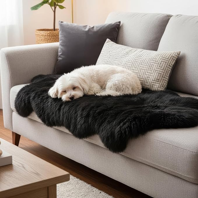 Authentic Black Sheepskin Rug 2x6 ft, Genuine Double Pelt Fluffy Fur Area Rug - Image 5