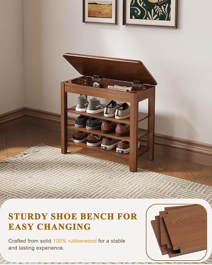 Shoe Rack Bench Seat Rubberwood 3-Tier Wooden Storage Bench 550lbs Compact - Image 5