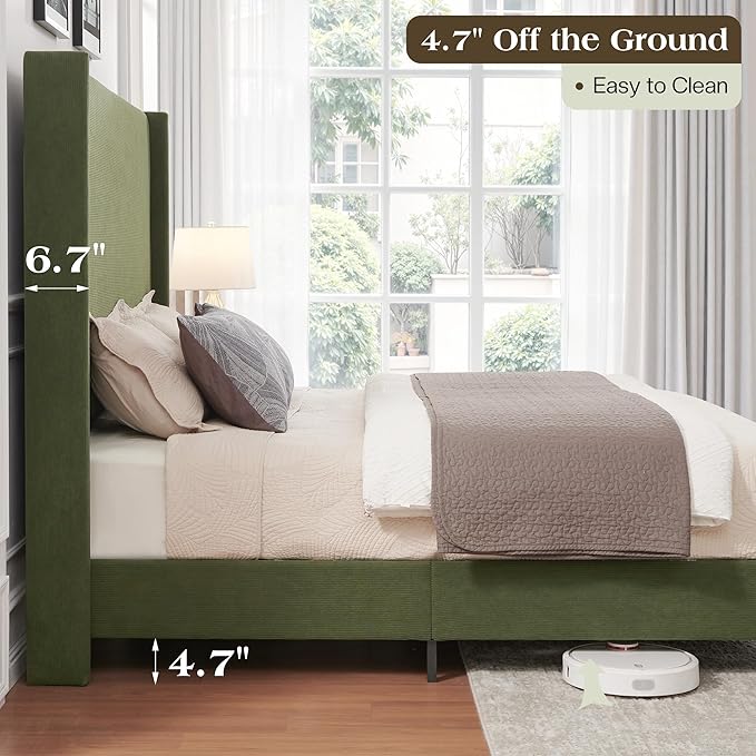 Queen Bed Frame with 63" Tall Headboard, Horizontal Fine Corduroy Bed Frame - Image 5