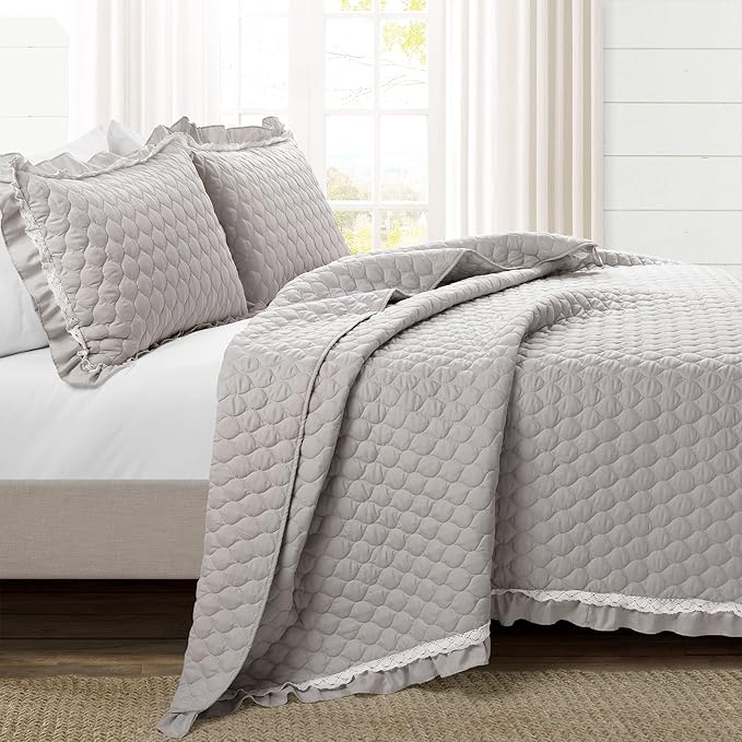 Lush Decor Ella Ruffle Lace Quilt, 3 Piece Set, Light Gray - Image 2