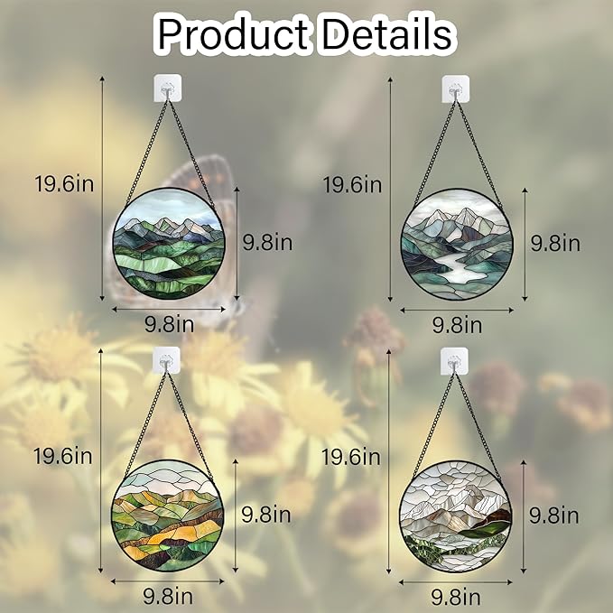 AMDERVEN Stained Glass Window Hanging 4 Pcs Set Mountain River Landscape 9.8" - Image 6