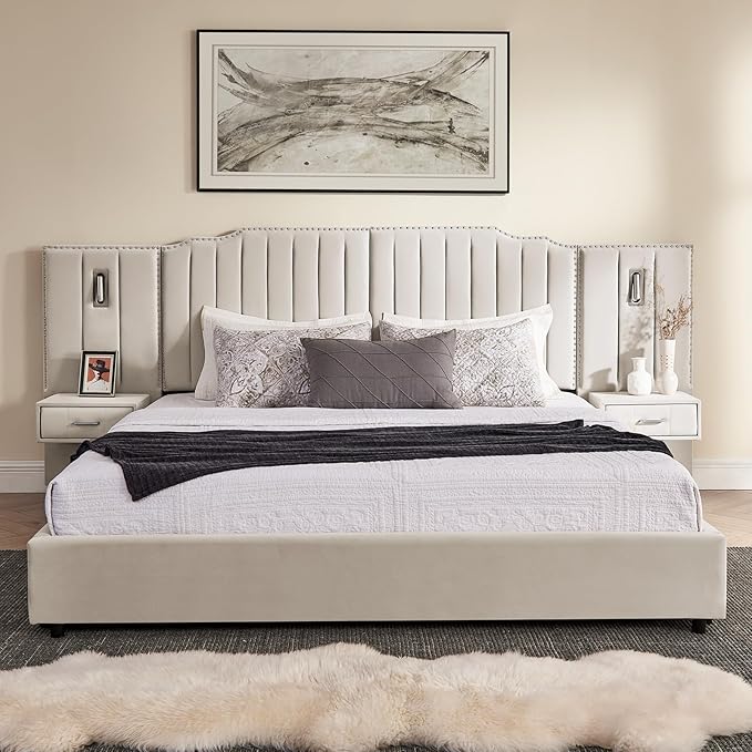 King Size Bed Frame with Storage, Luxury King Platform Bed Frame with Headboard - Image 3