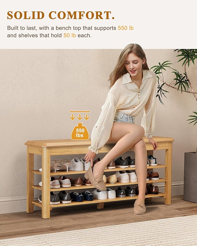 Shoe Rack Bench Seat Rubberwood 3-Tier Wooden Storage Bench 550lbs Compact - Image 4