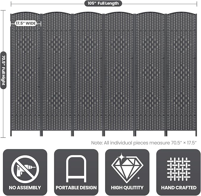 6 Panel Room Divider, 6Ft Folding Privacy Screen, Tall - Image 3