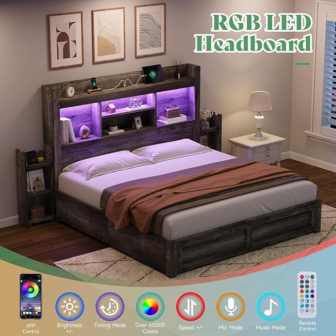 AMERLIFE Queen Bed Frame with 4 Storage Drawers, LED Bed Frame with 49“ Tall - Image 3