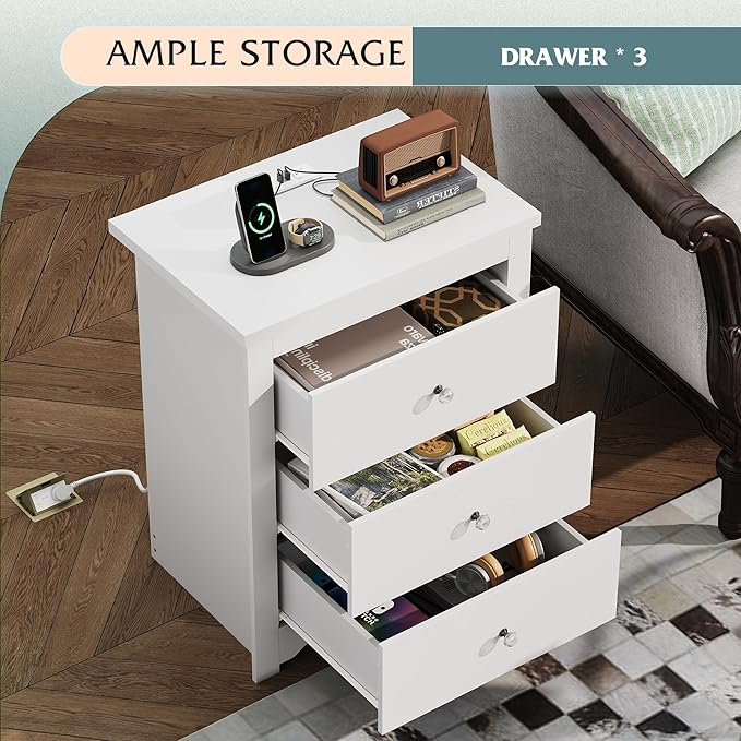 WLIVE White Nightstand with Charging Station, Wood Night Stand with 3 Drawers - Image 5