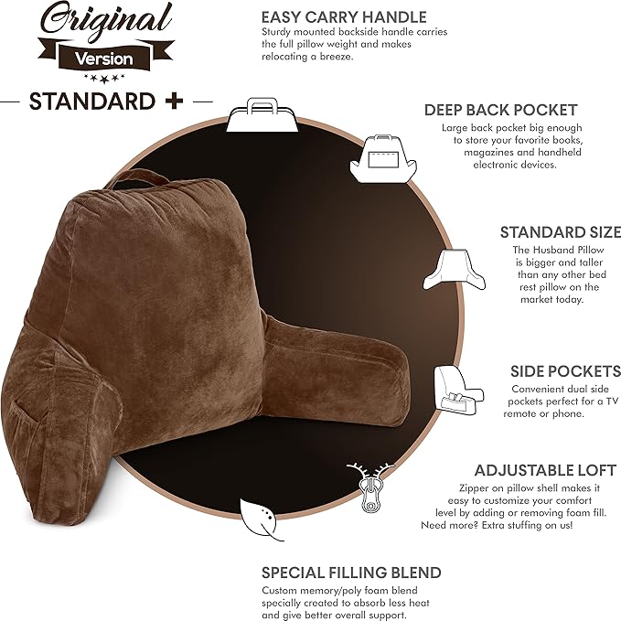 Husband Pillow Chocolate, Original Reading Pillow in Bed Rest Chair, Shredded - Image 5