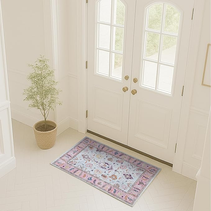 Fame Rugs Pink Beige Modern Oushak Rug 2x3, Vintage Doormat Turkish Colorful by FameRugs