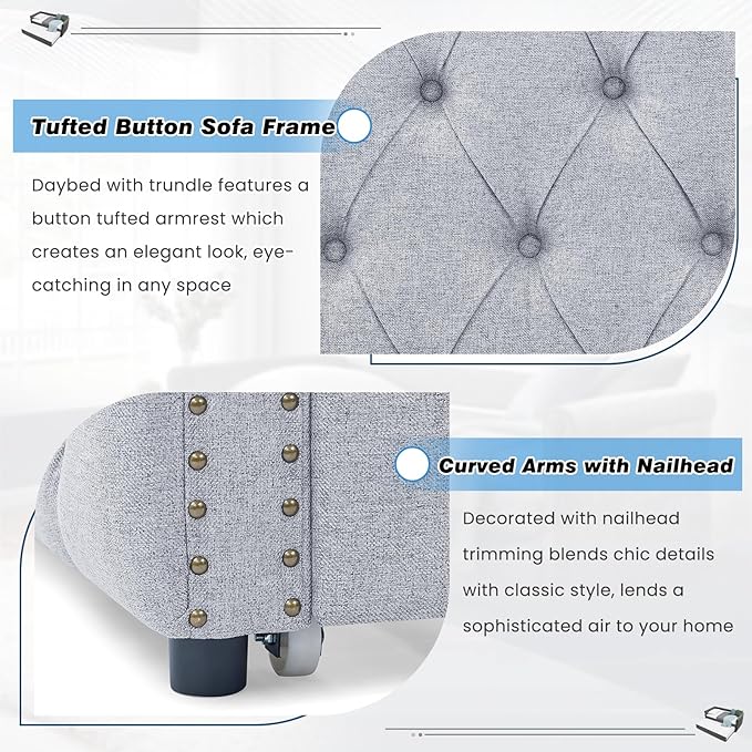Daybed with Trundle, Modern Upholstered Full Size Day Bed Button-Tufted Sofa - Image 4