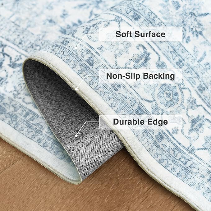 FMFUNCTEX 6x9 Washable Area Rug Blue Vintage Neutral Distressed Large Non Slip - Image 4