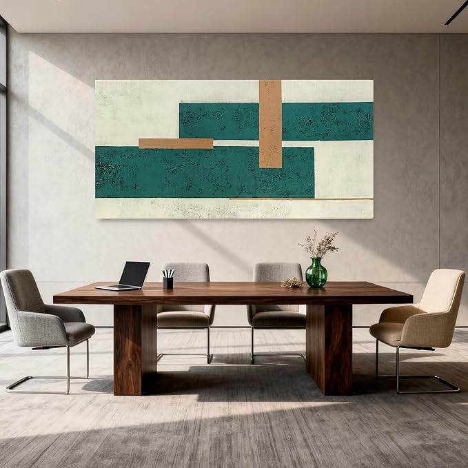 YETHEN WAL Teal Green Abstract Canvas Wall Art Geometric Textured Wall Decor - Image 2