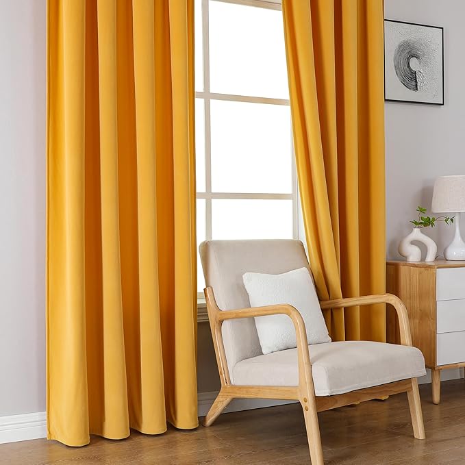 Joydeco Yellow Velvet Curtains 63 inch Length 2 Panels, Luxury Blackout Rod - Image 8