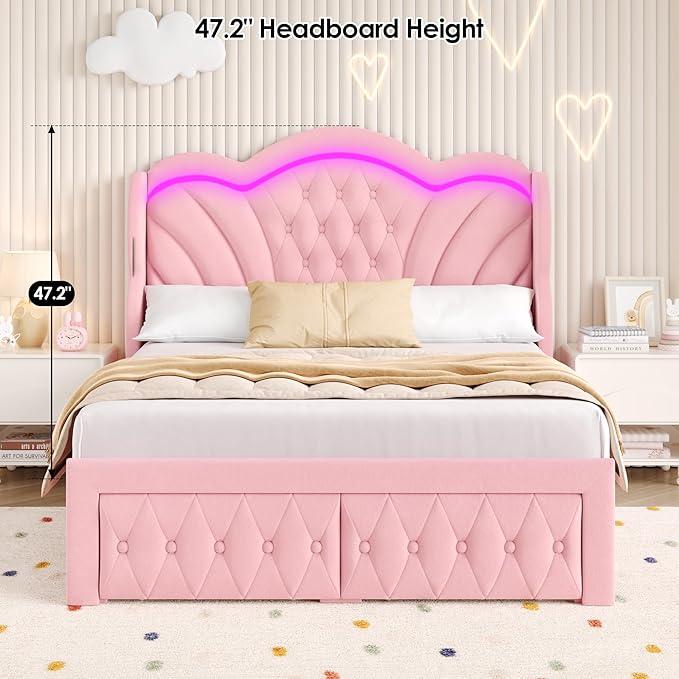 Keyluv Full Bed Frame with LED Lights and 2 Storage Drawers, Velvet Upholstered - Image 5