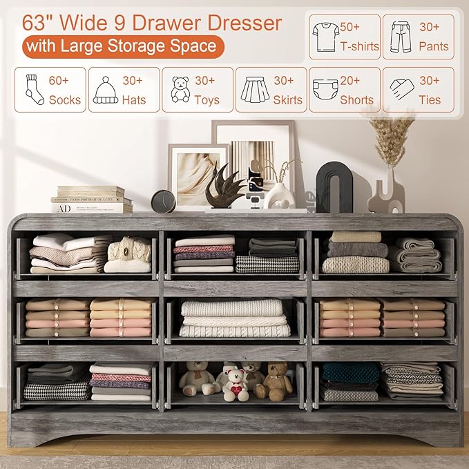 Grey Dresser for Bedroom with 9 Drawers, Wood Closet Clothes Storage Long - Image 3
