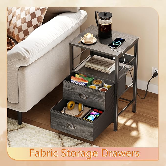 Furologee Nightstand with Charging Station, Night Stand with 2 Fabric Drawers - Image 6