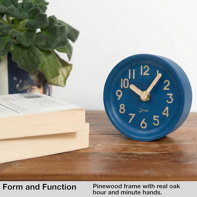 Driini Wooden Analog Desktop Clock – 4.3 in. Decorative Pinewood, No-Tick - Image 2