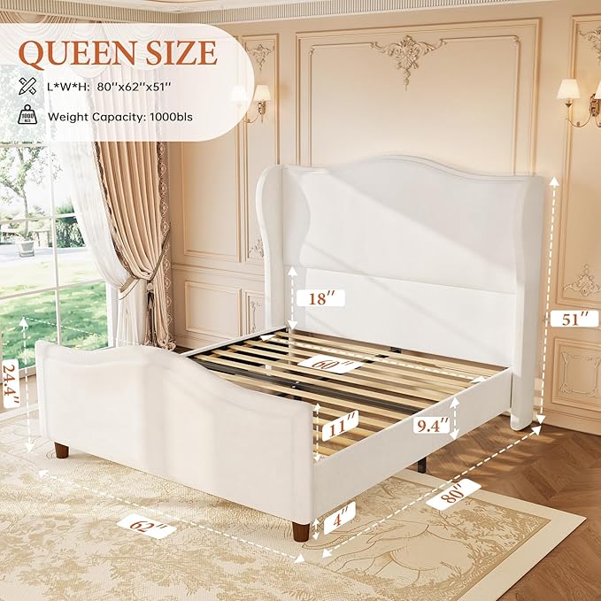 koorlian Queen Bed Frame Chenille Fully Upholstered Bed - Image 2